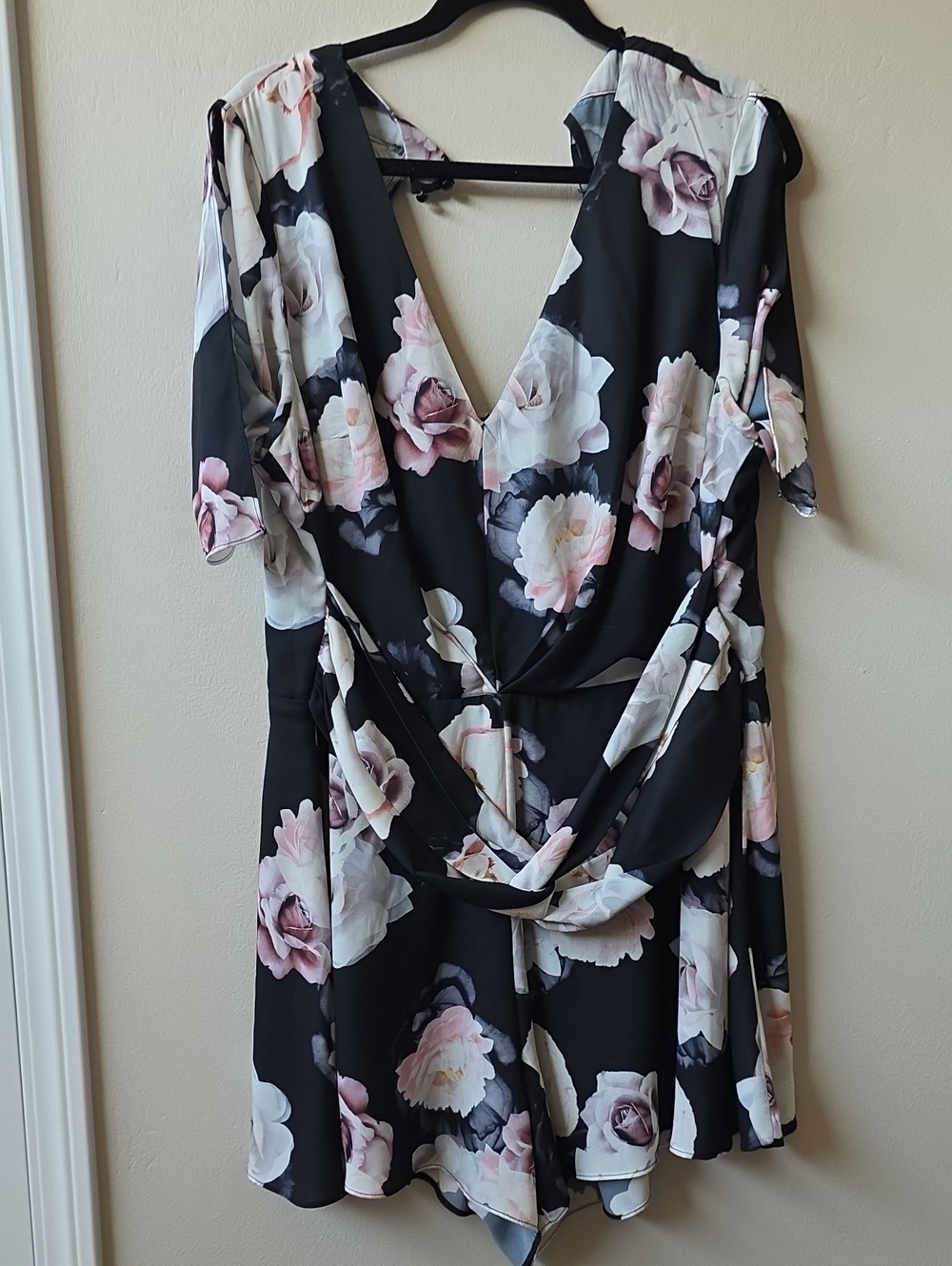 City Chic Black Floral V-Neck Mini Romper with Pink & White Blooms